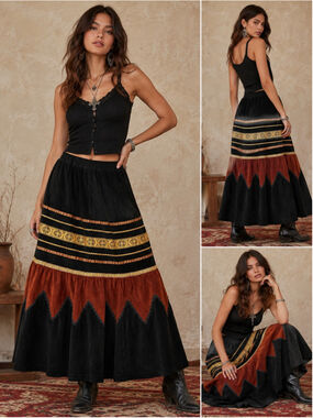 Vintage Bettina Black Suede Leather Western Prairie Maxi Skirt Small USA
